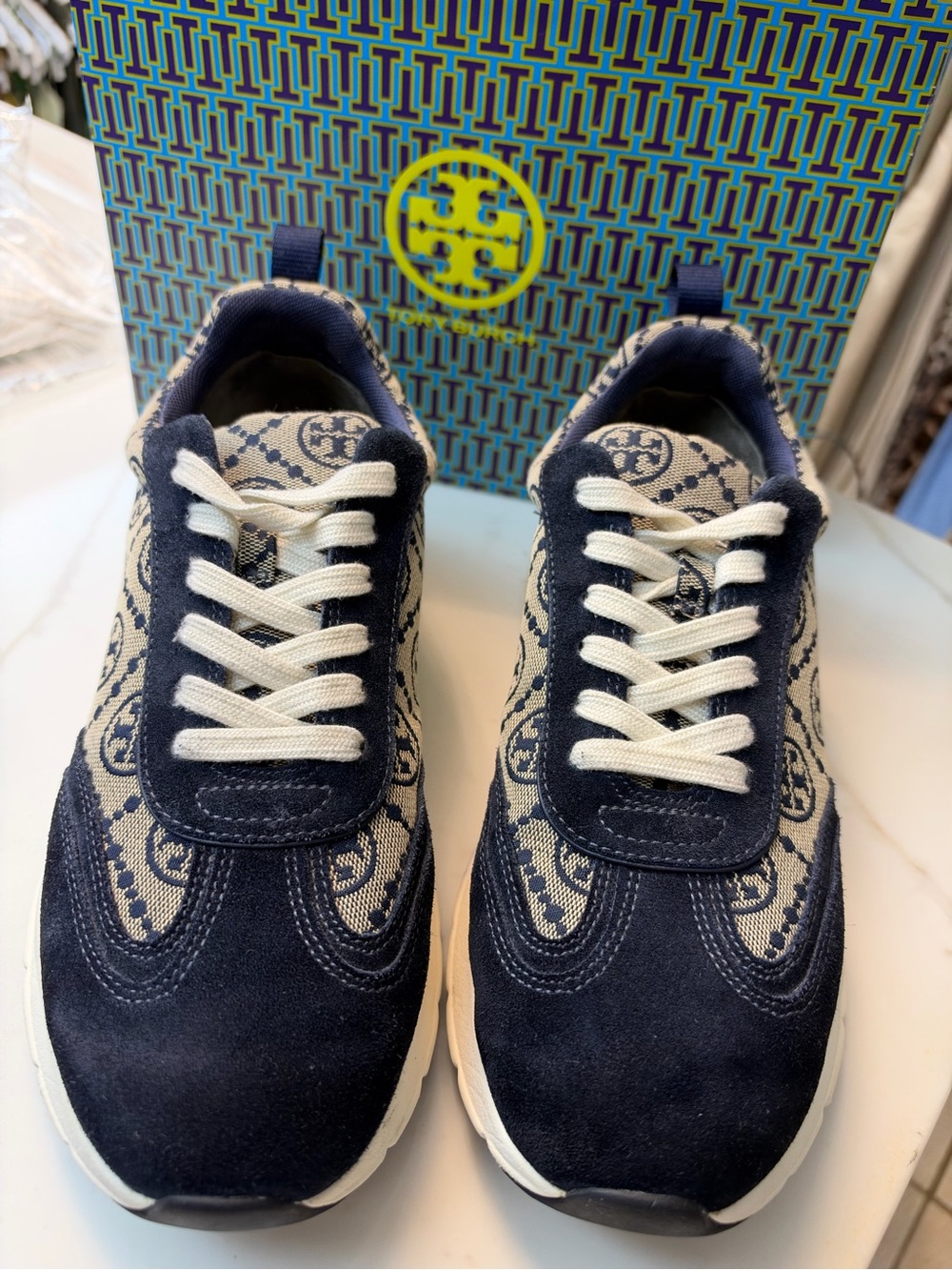 Tory Burch Jacquard Women Navy and Cream Logo-Print Sneakers Size 9 Women